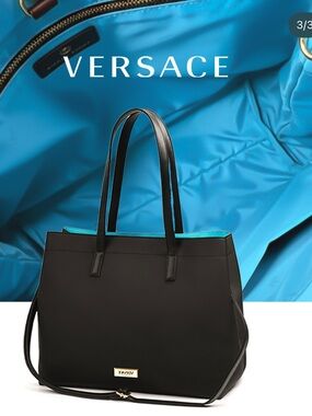 🆕🦋VERSACE Black Leather Tote with Gold Accent and blue lining